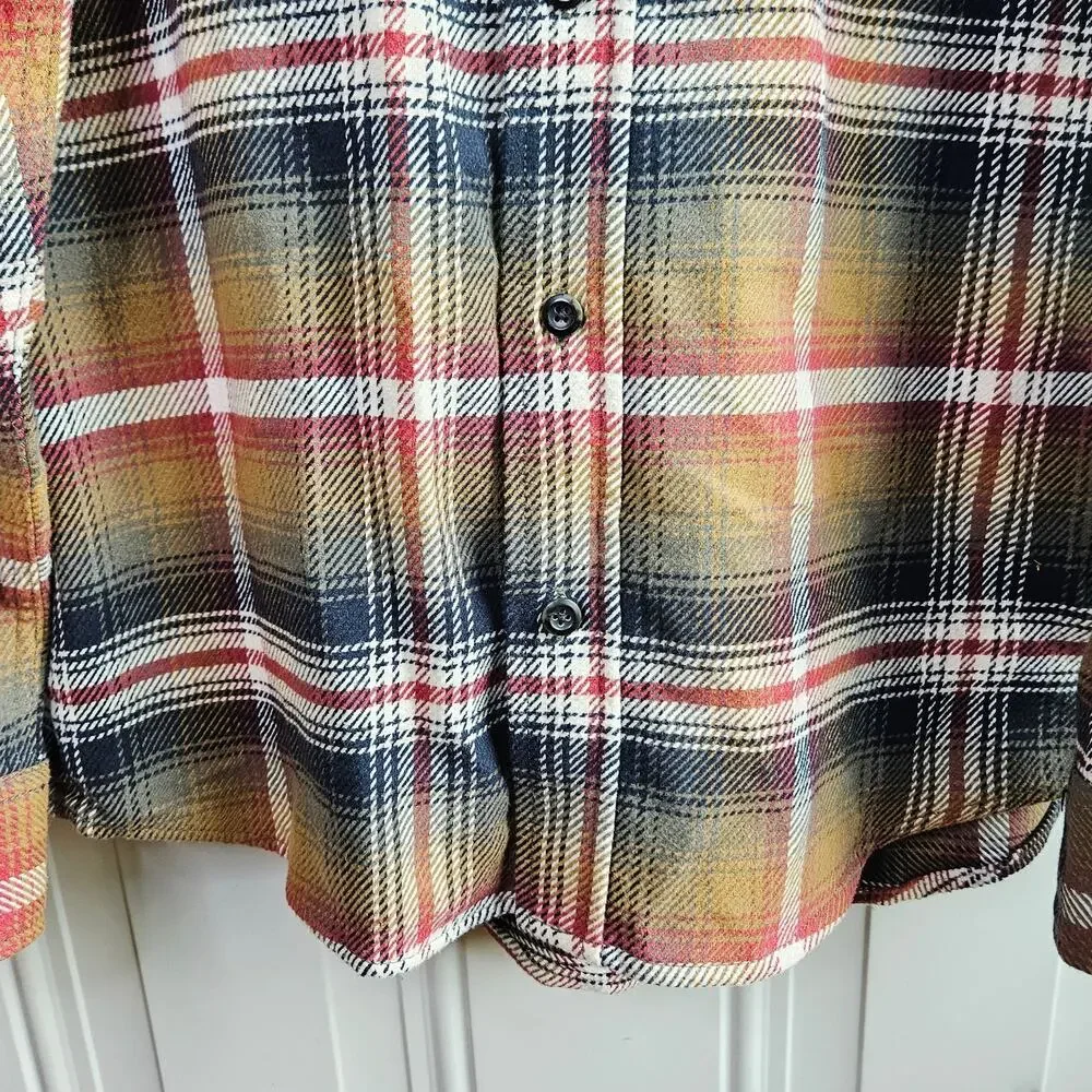Orvis Flannel Sweater Button UP Brown Red Plaid Print Size Medium Button Pockets